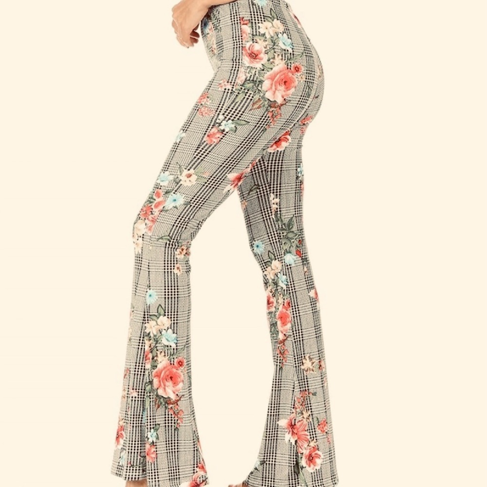PLAID FLORAL BELL BOTTOM PANT